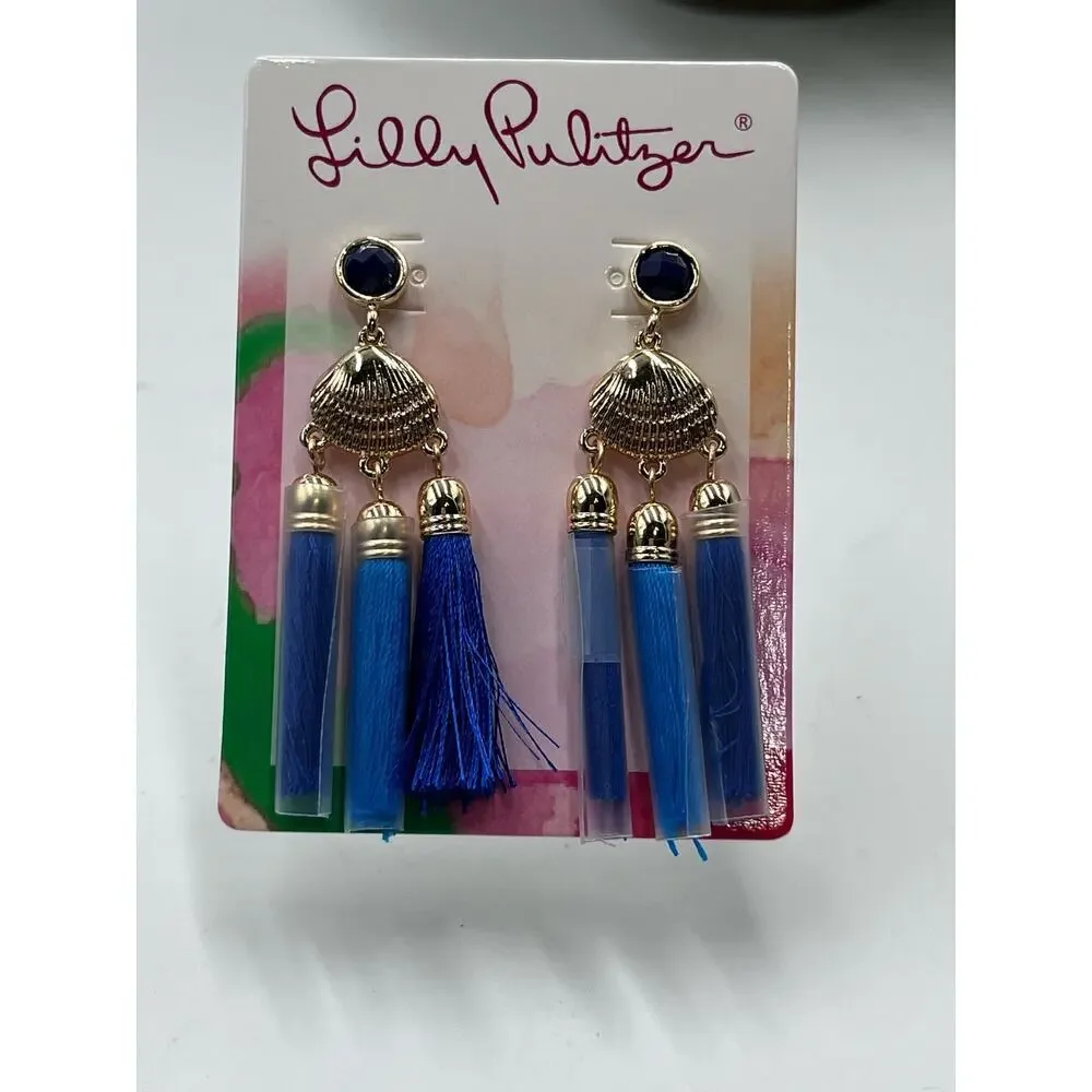 Lilly Pulitzer Seaside Capri‎ Blue Tassel Seashell Statement Earrings